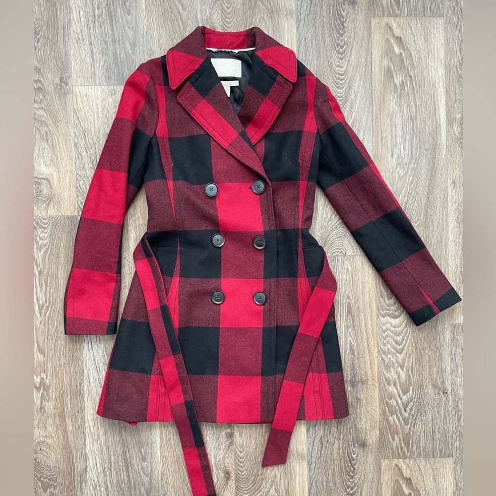 Banana Republic Italian Wool Buffalo Plaid Coat Red Black XS